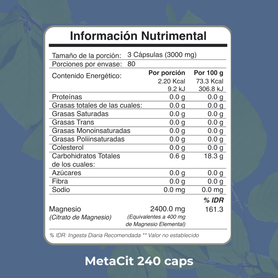 MetaCit es un suplemento de Citrato de Magnesio, reconocido por su impacto en el metabolismo y procesos fisiológicos clave, como la regulación del sueño, la reducción de calambres musculares y el apoyo a la salud cardiovascular. También se ha estudiado su capacidad para reducir el estrés y la ansiedad, mejorando el estado de ánimo y el equilibrio físico y mental.