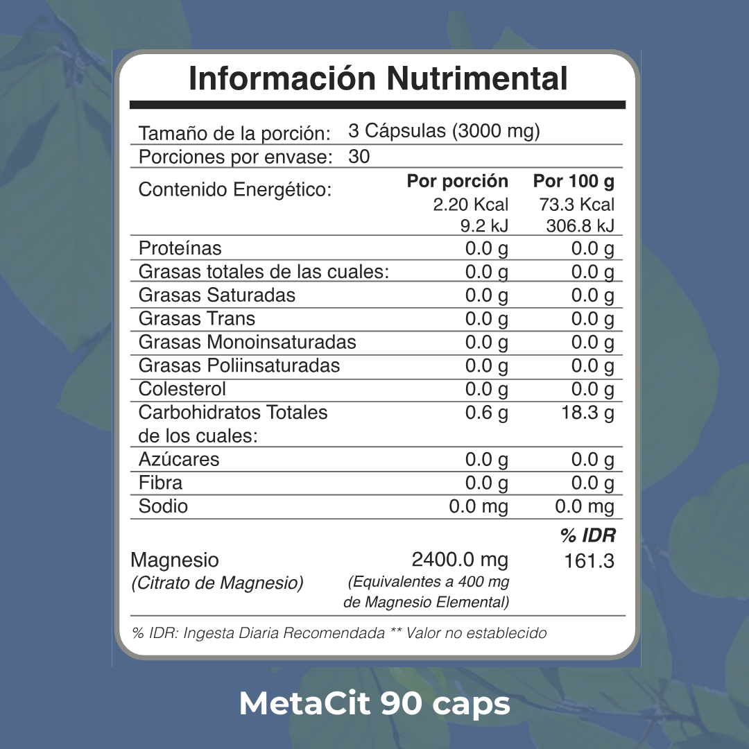 MetaCit es un suplemento de Citrato de Magnesio, reconocido por su impacto en el metabolismo y procesos fisiológicos clave, como la regulación del sueño, la reducción de calambres musculares y el apoyo a la salud cardiovascular. También se ha estudiado su capacidad para reducir el estrés y la ansiedad, mejorando el estado de ánimo y el equilibrio físico y mental.